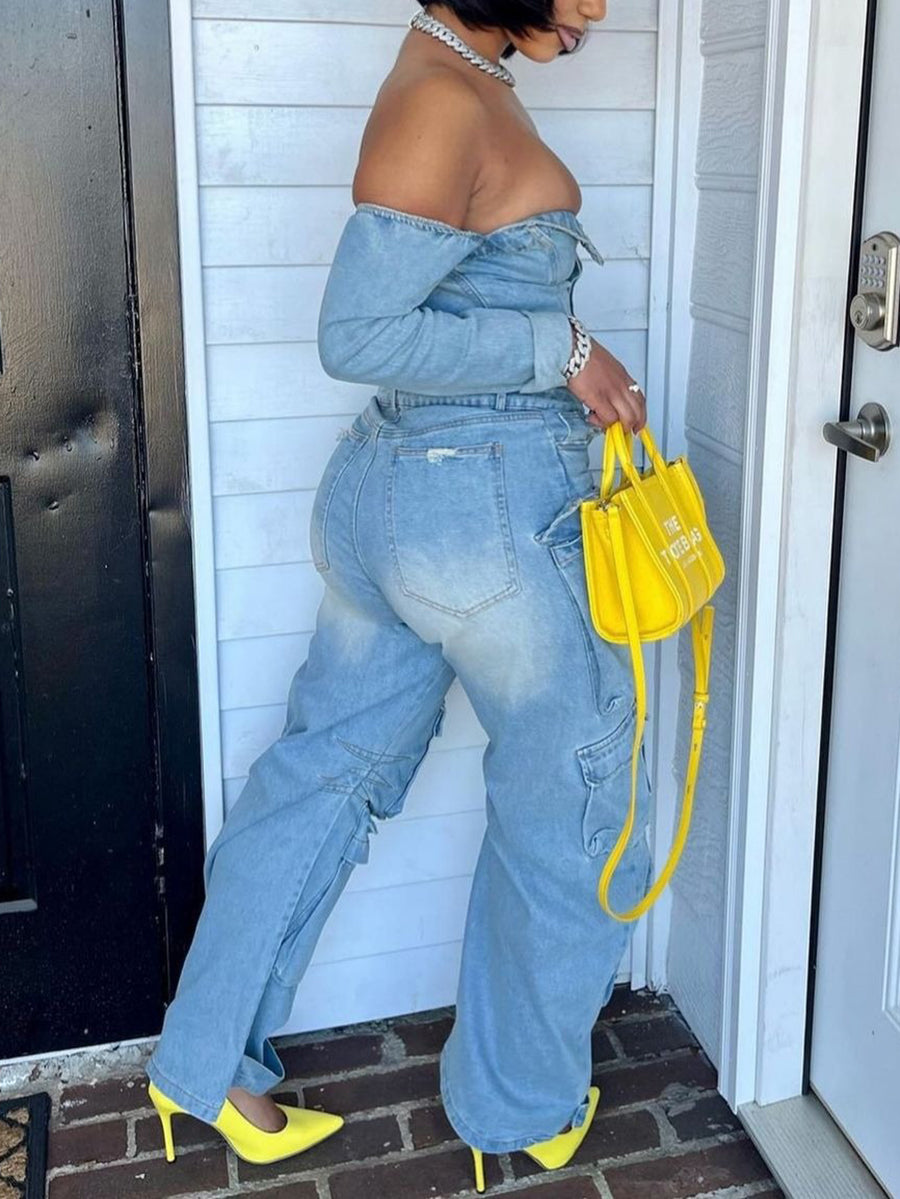Off-Shoulder Pockets Denim Jumpsuit