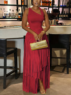 Asymmetric Fringe Sleeveless Maxi Dress