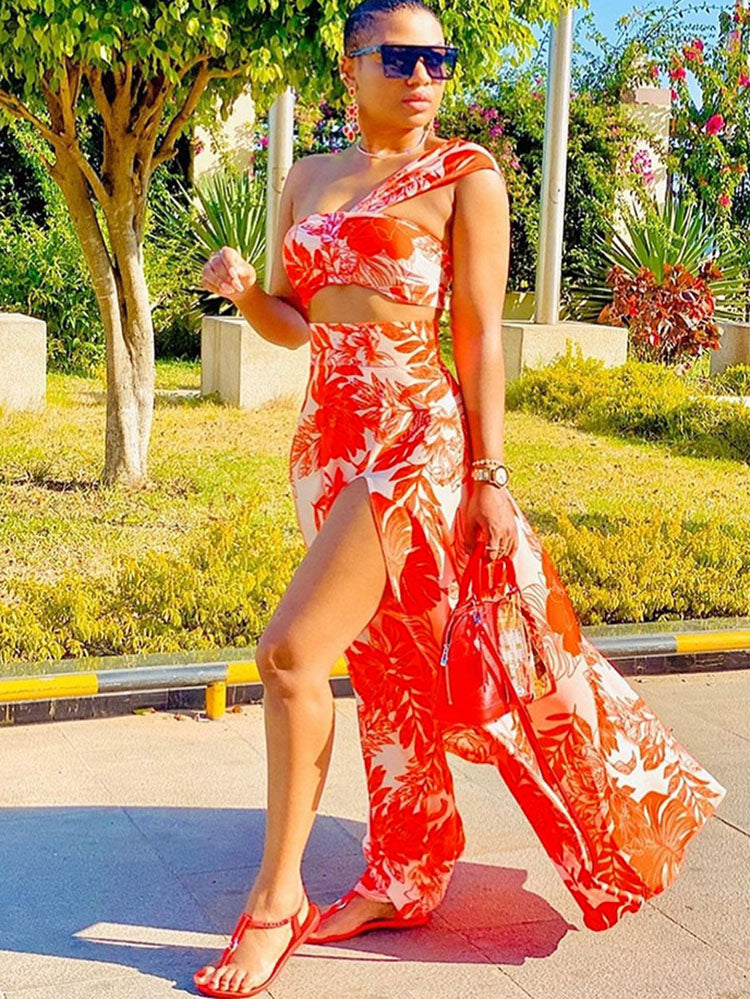 Two Piece Sleeveless Floral Crop Top Maxi Skirts