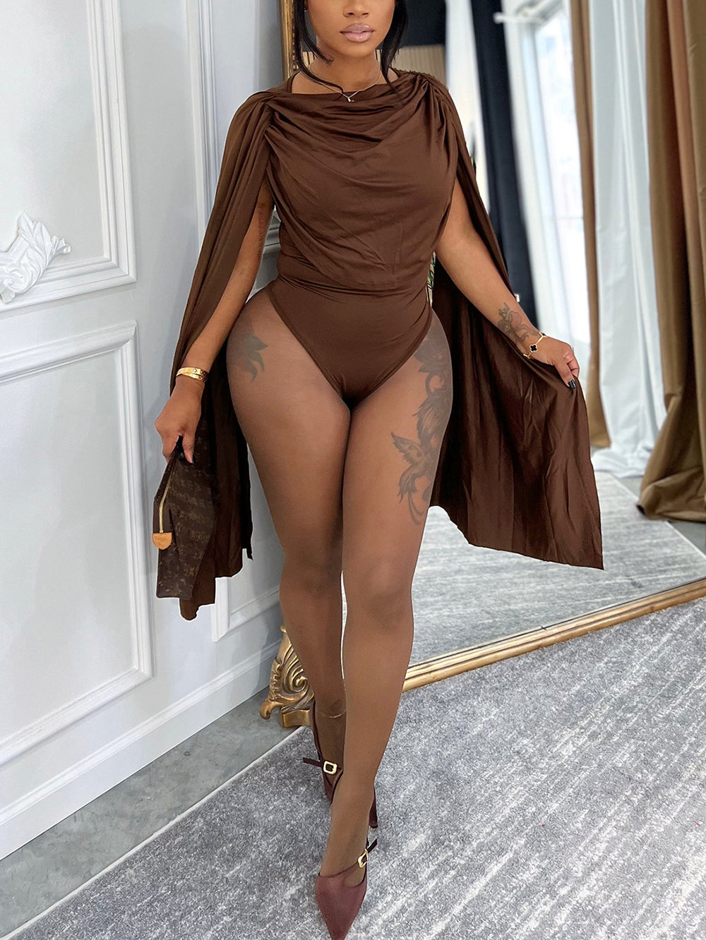Draped Round Neck Cape Sleeve Romper