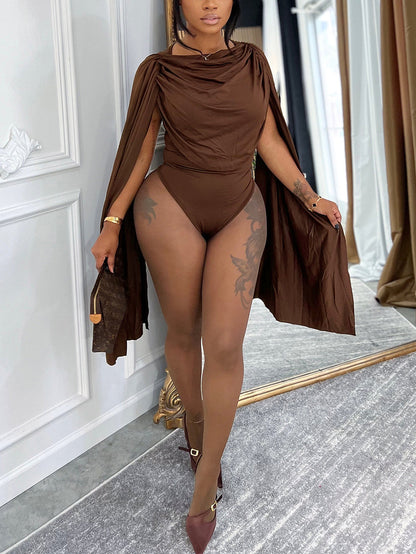 Draped Round Neck Cape Sleeve Romper