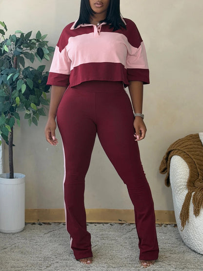 Colorblock Top Flare Pants Set