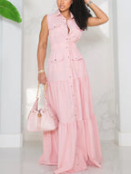 Sleeveless Collared Button Front Flowy Dress