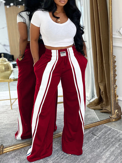 Wide Stripe Elastic Waist Wide Leg Pants