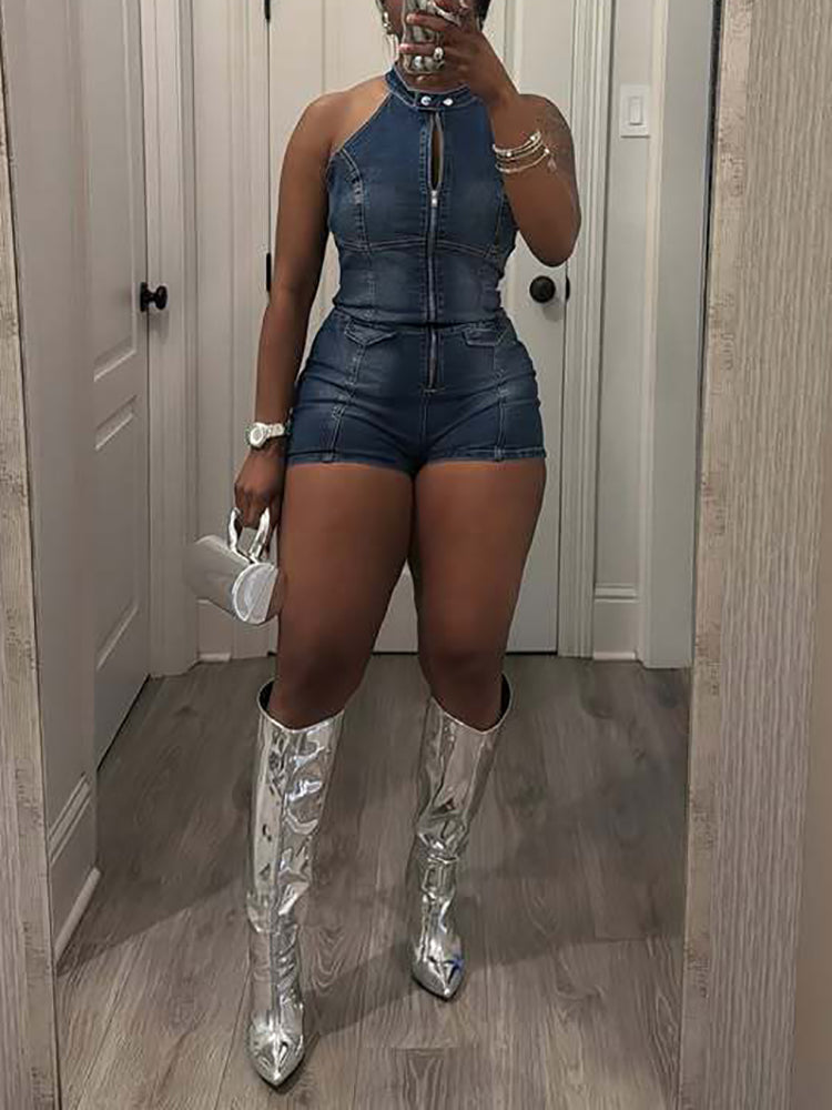 Sleeveless Zip Front Cutout Denim Romper