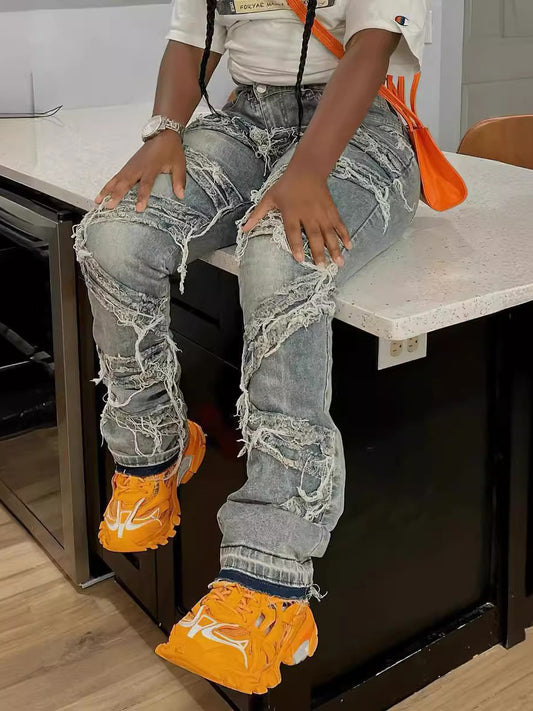 Distressed Layered Fringe Straight Leg Jeans