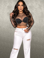 Long Sleeve Mesh Rhinestone Crop Top
