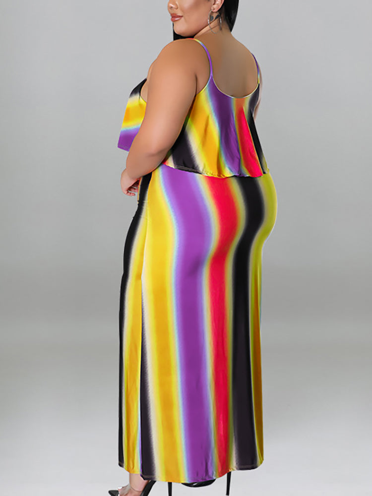 Plus Size Ruffle Strap Rainbow Stripe Print Dress