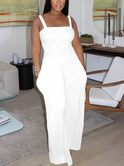 Strap Smocked Wide Leg Jumpsuit