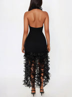 Halter Fringe Ruffle Hem Dress