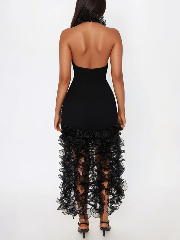 Halter Fringe Ruffle Hem Dress