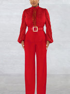 Lace Trim Belted Long Sleeve Jumpsuit