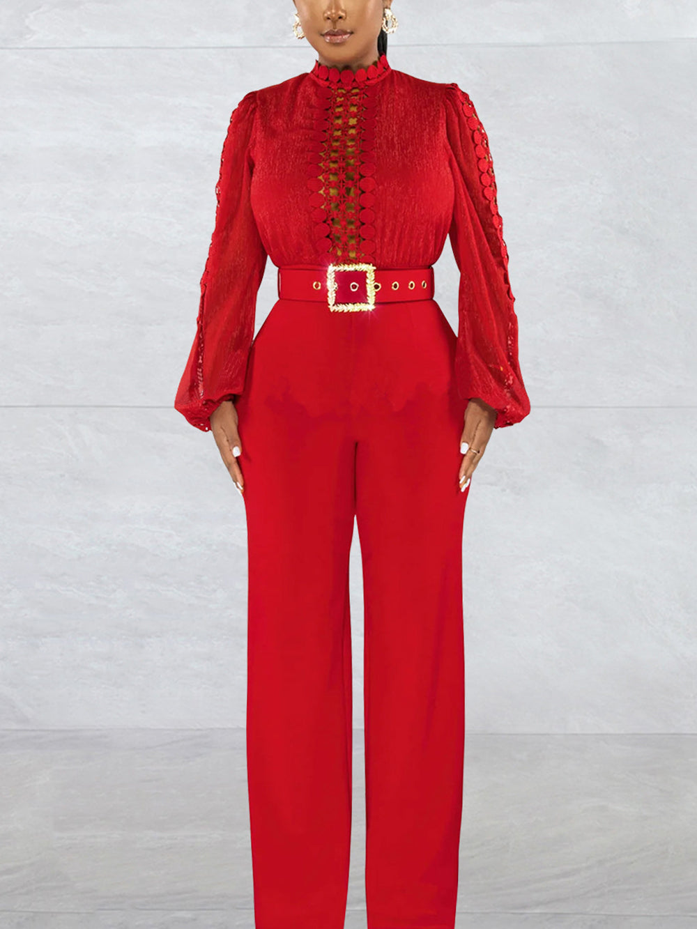 Lace Trim Belted Long Sleeve Jumpsuit