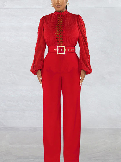Lace Trim Belted Long Sleeve Jumpsuit