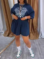 Vintage Tennis Print Sweatshirt Pleated Skirt Set