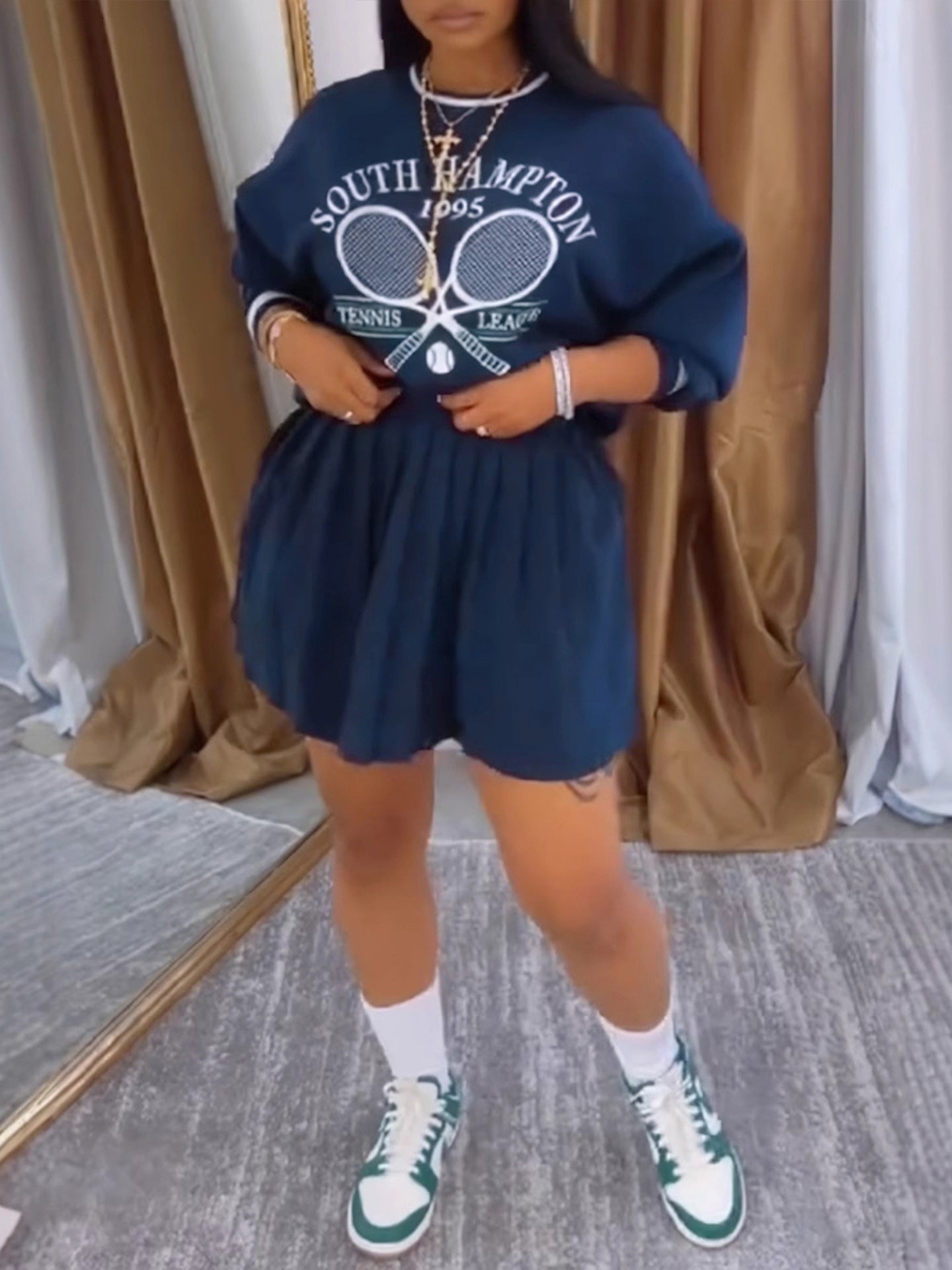 Vintage Tennis Print Sweatshirt Pleated Skirt Set