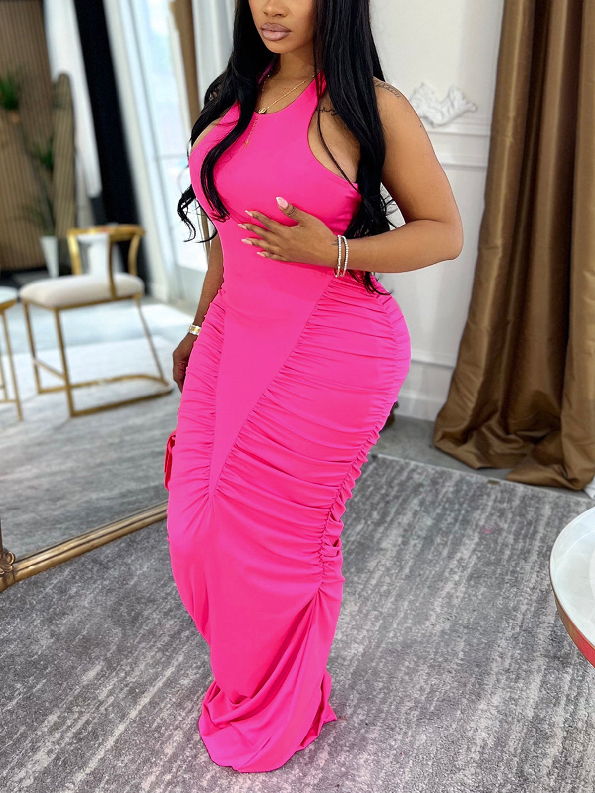 Cutout Halter Backless Ruched Maxi Dress