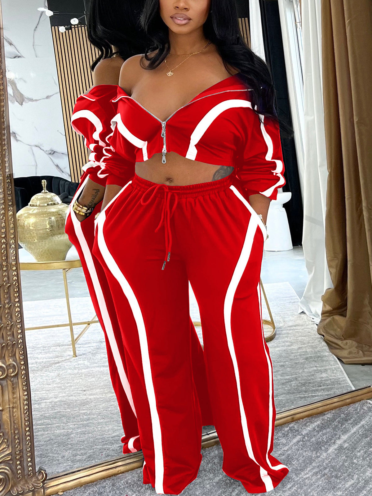 Color Block Stripe Zip Top Pants Set