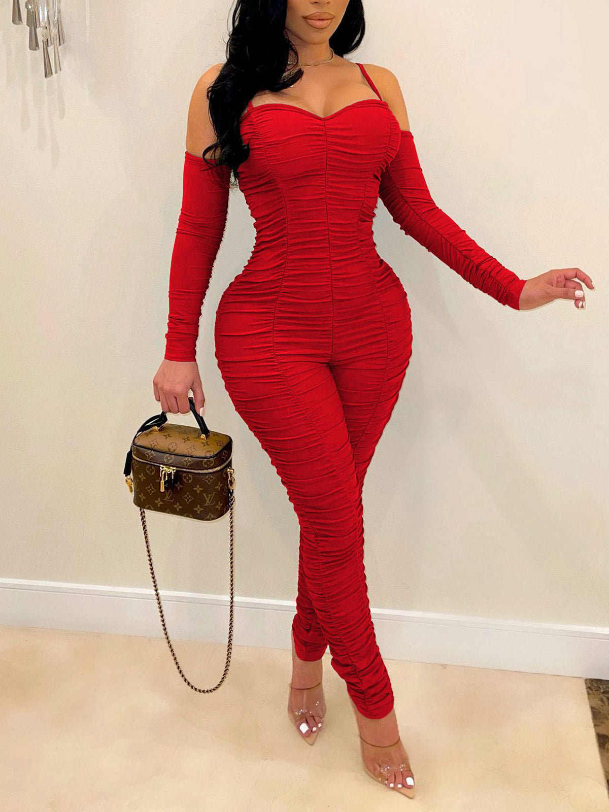 Strapless Ruched Long Sleeve Jumpsuit