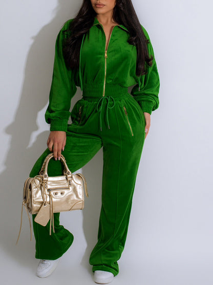 Zipper Jacket Wide Leg Pants Set