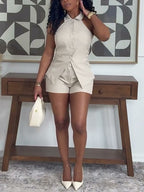 Sleeveless Lapel Vest Shorts Sets