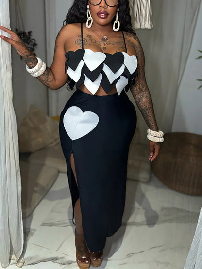 Heart Design Cami Top High Slit Skirt Set