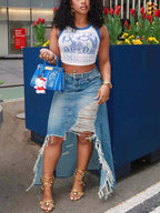 Distressed Denim Slit Maxi Skirt