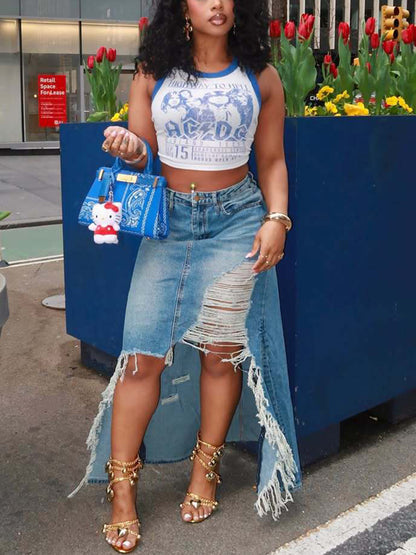 Distressed Denim Slit Maxi Skirt
