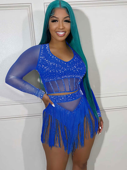Mesh Long Sleeve Rhinestone Top Tassel Shorts