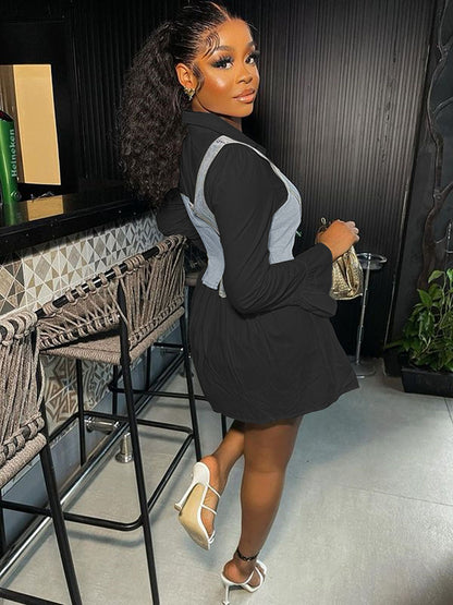 Conjunto de minivestido camisero con mangas acampanadas y chaleco vaquero