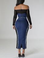 Off Shoulder Mesh Denim Skirt Set