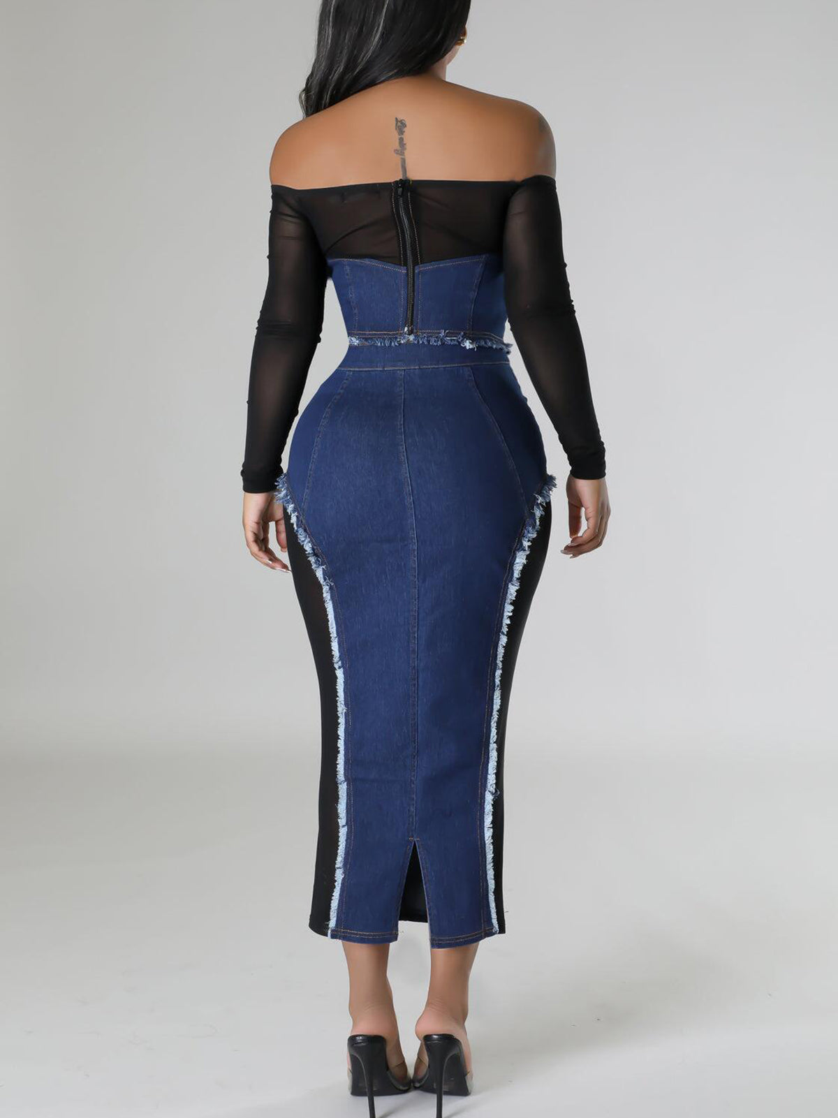 Off Shoulder Mesh Denim Skirt Set
