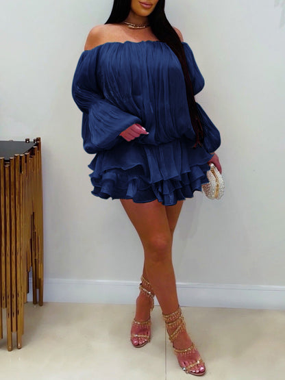 Off Shoulder Puff Sleeve Ruffle Mini Dress