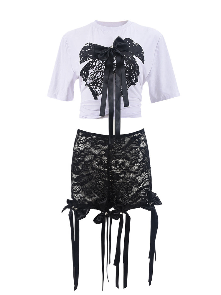 3D Butterfly Print Loose Top & Lace Shorts Set