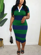 Lapel Stripe Color Block Midi Dress