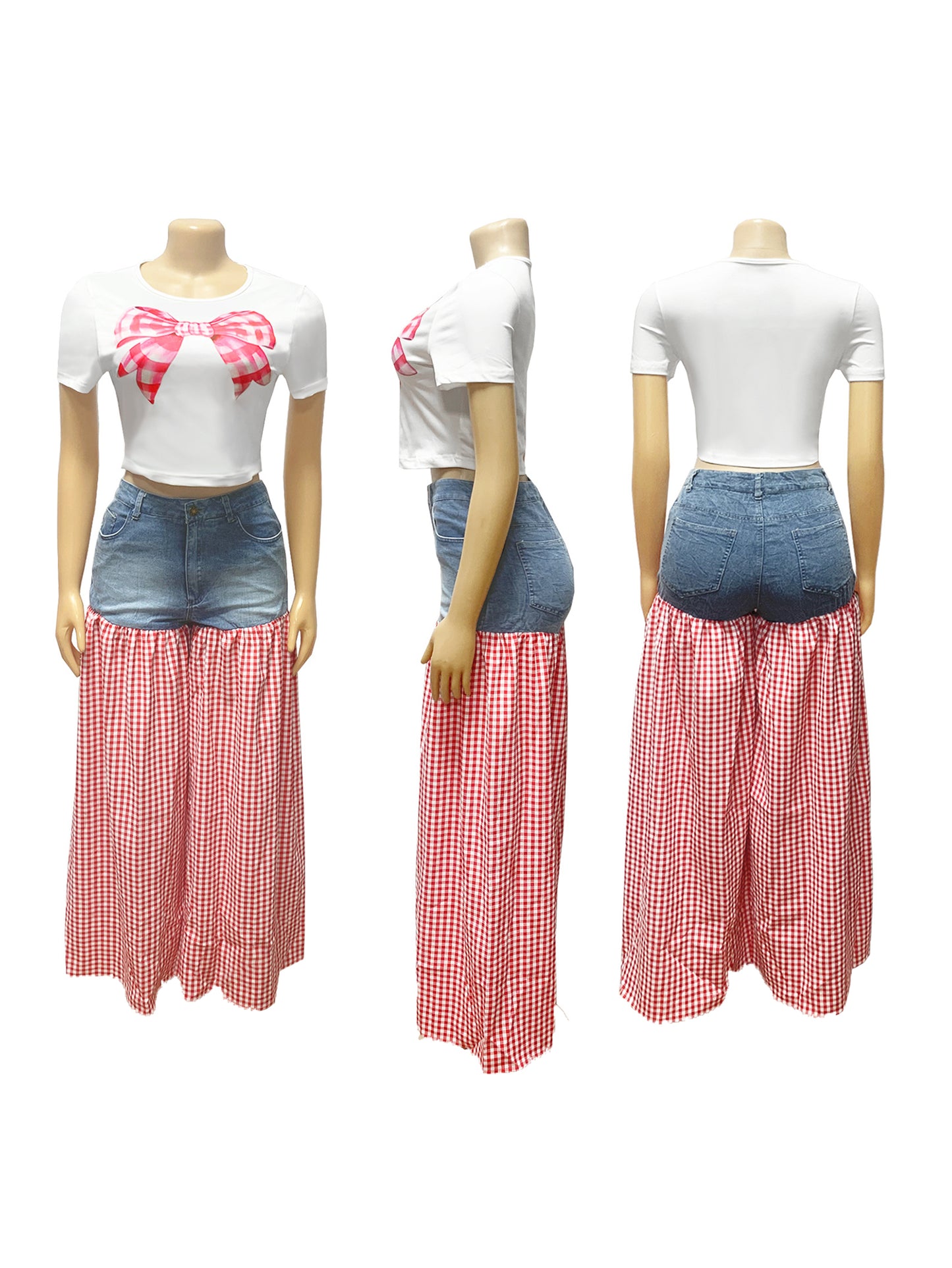 Bow Tie Print Top Denim Plaid Wide-Leg Pants Sets