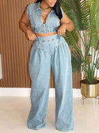Two Pieces Sleeveless Denim Pants Set