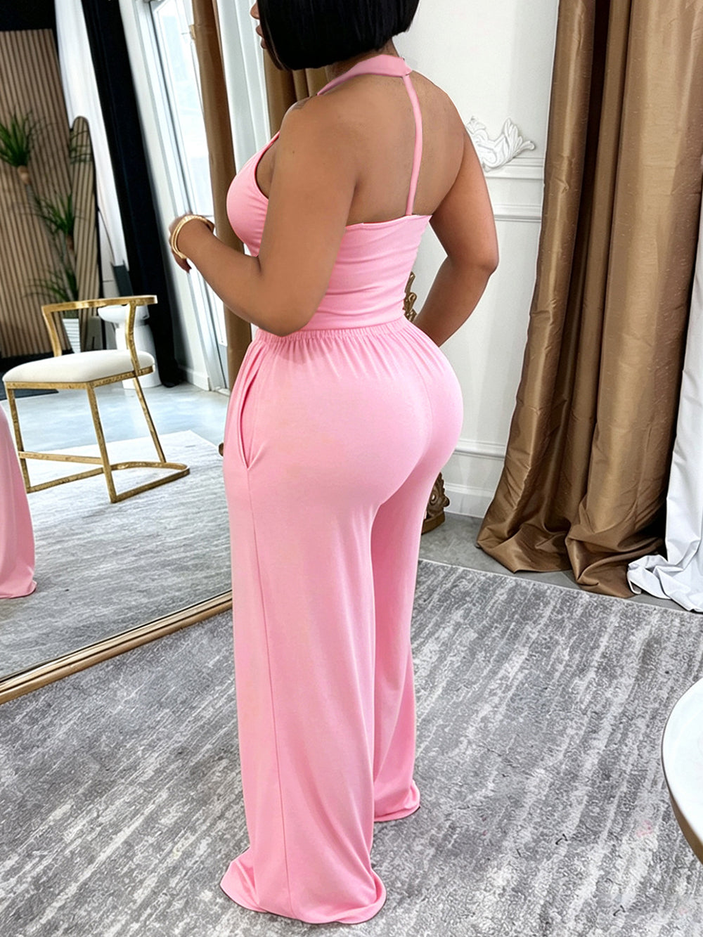 Halter Top Pocket Wide Leg Pants Set