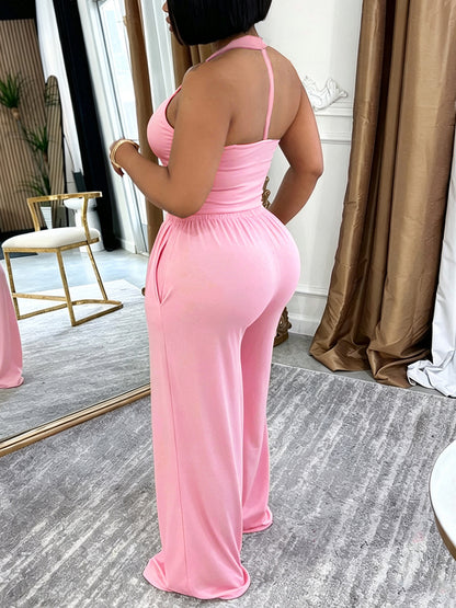 Halter Top Pocket Wide Leg Pants Set