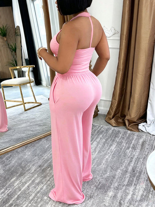 Halter Top Pocket Wide Leg Pants Set