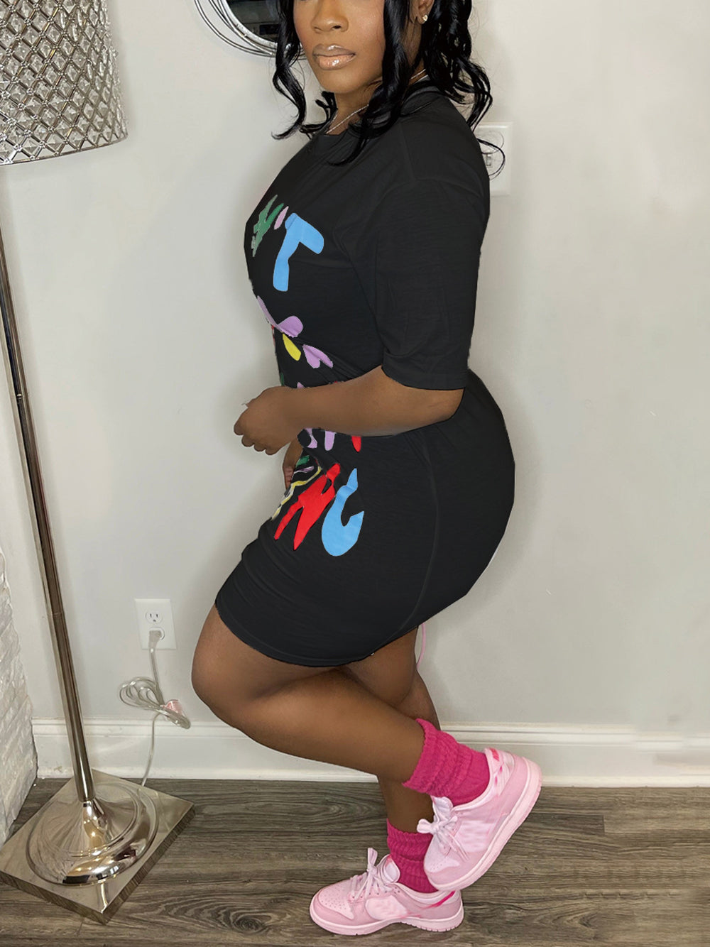 Colorblock Letter Print T Shirt Mini Dress