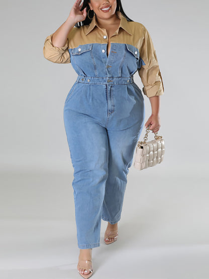 Plus Size Color Block Denim Jumpsuit