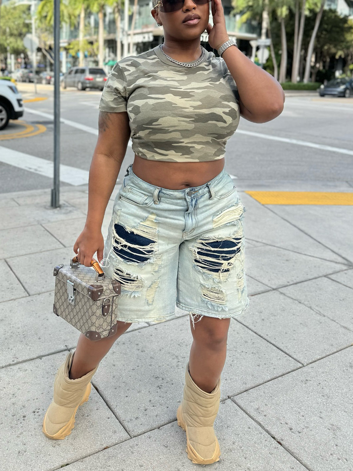 Distressed Patchwork Denim Shorts