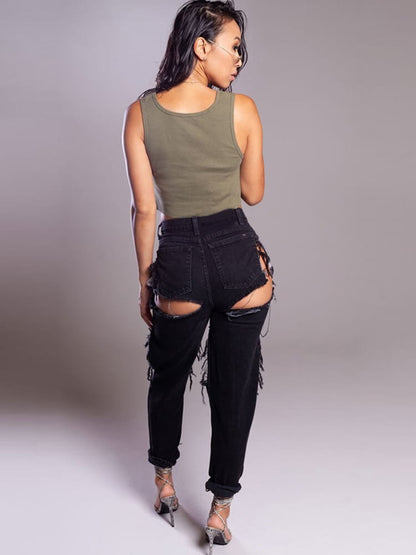 Denim High Waist Cut Out Pants