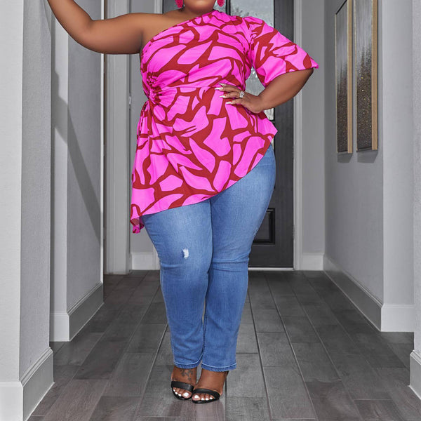 Plus Size One Shoulder Ruched Blouses