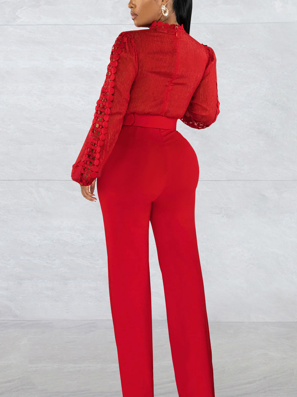 Lace Trim Belted Long Sleeve Jumpsuit