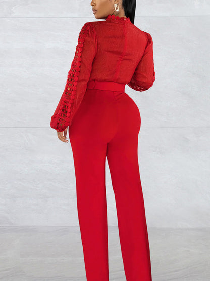 Lace Trim Belted Long Sleeve Jumpsuit