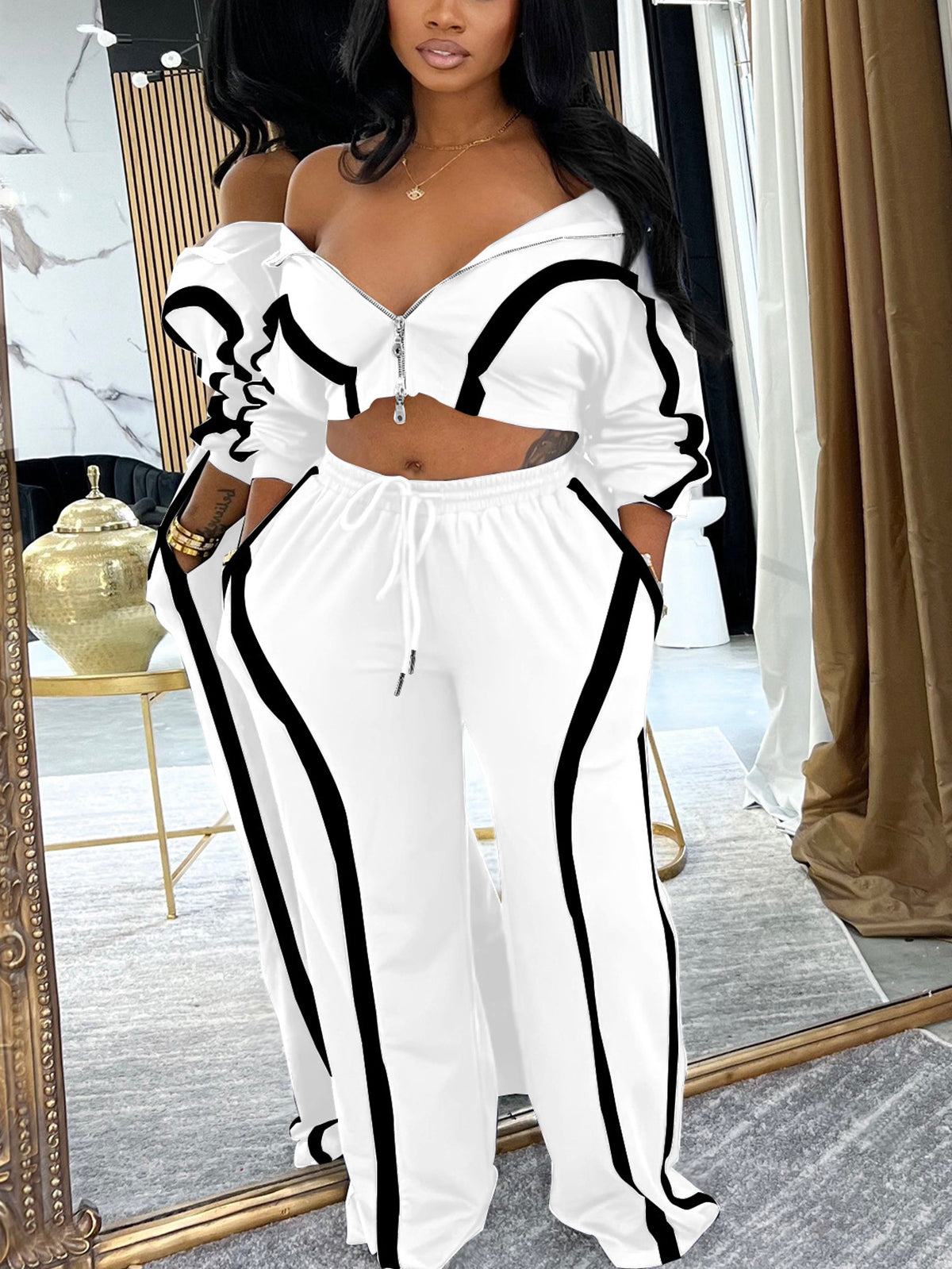 Color Block Stripe Zip Top Pants Set