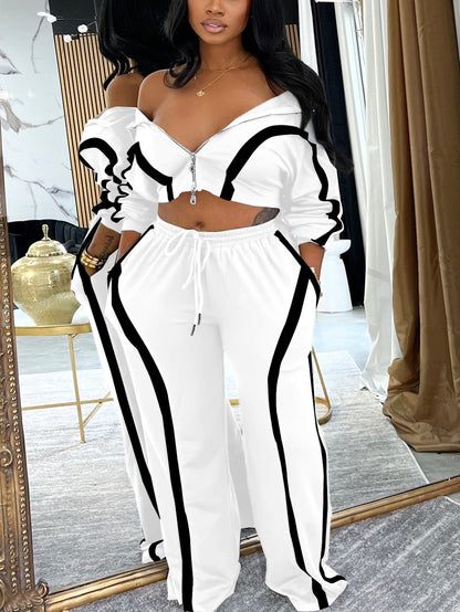 Color Block Stripe Zip Top Pants Set