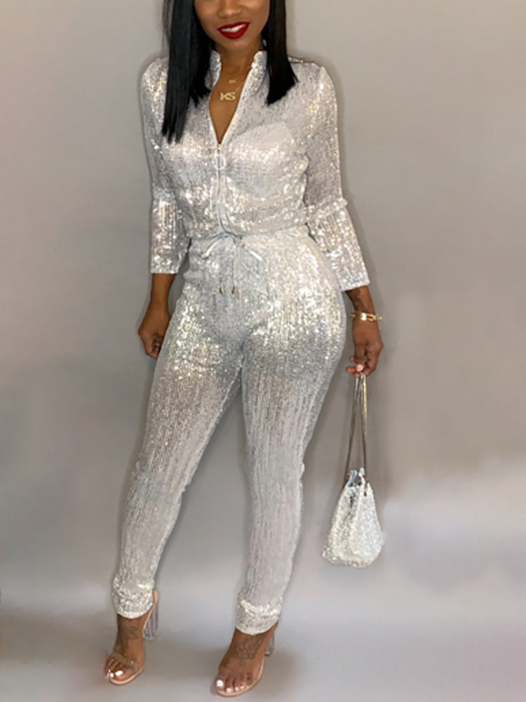 Long Sleeve Sequin Belted Jumpsuit